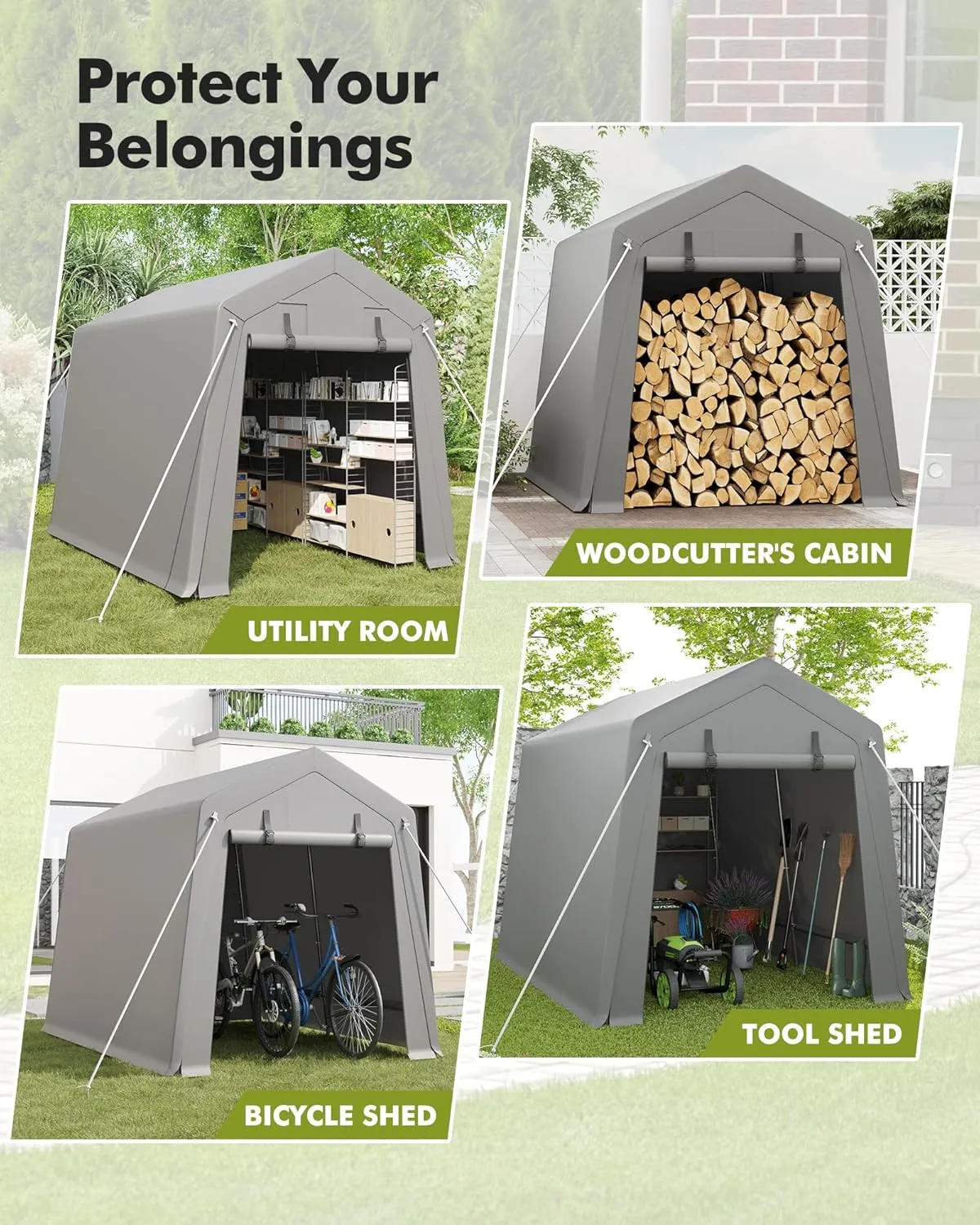 7 x 10 ft Portable Carport, Storage Shed with Heavy Duty Waterproof Tarp & 2 Roll-Up Zipper Doors, Ideal Tent for Motorcycles, Bikes, Garden Tools, and Firewood