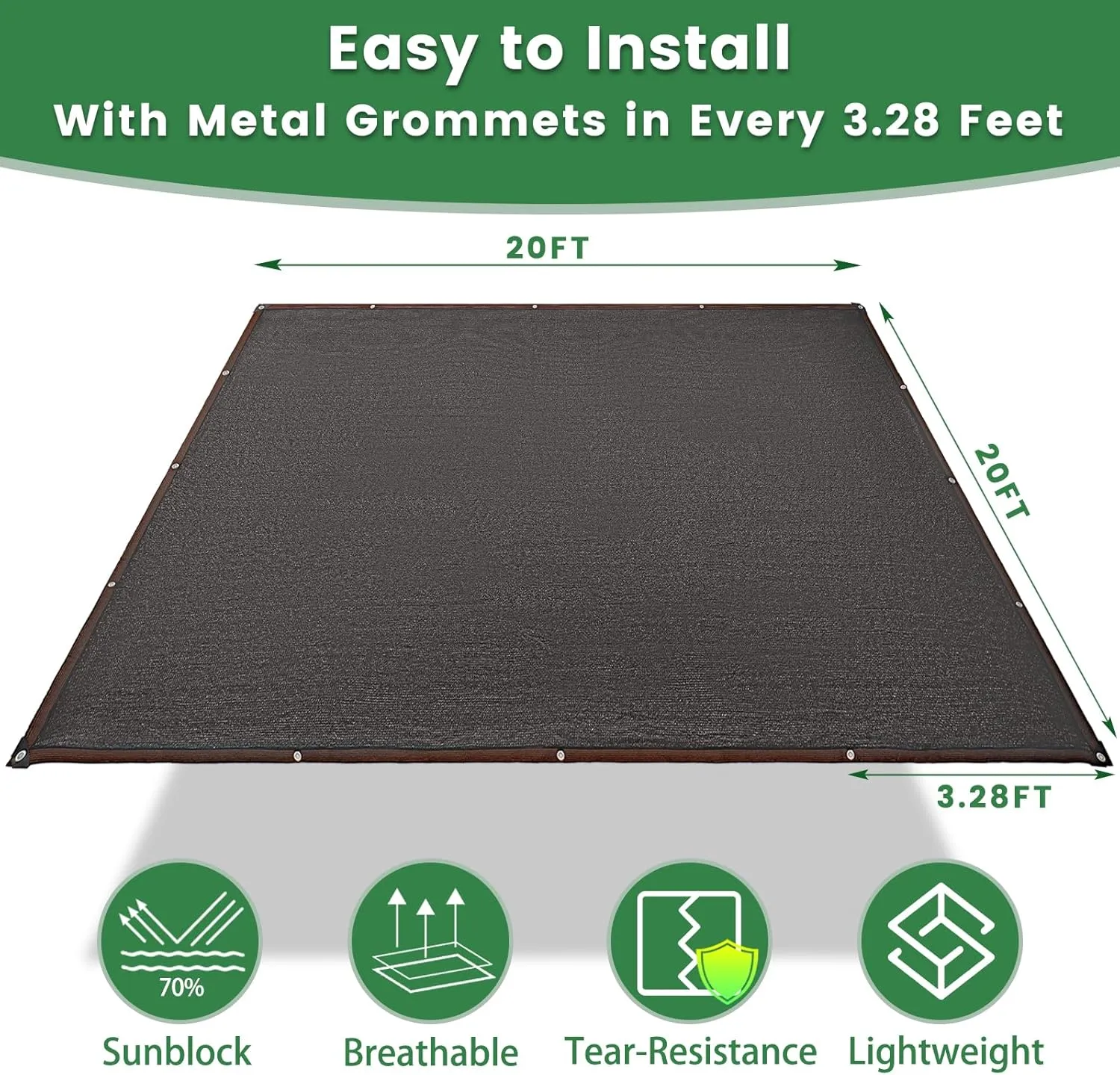 70% Shade Cloth, 20FTx20FT HDPE Mesh Tarp with Reinforced Grommets, Outdoor Sun Shade Net for Greenhouse, Plants, Garden, Pergola, Patio, Chicken Coop (20FT*20FT)