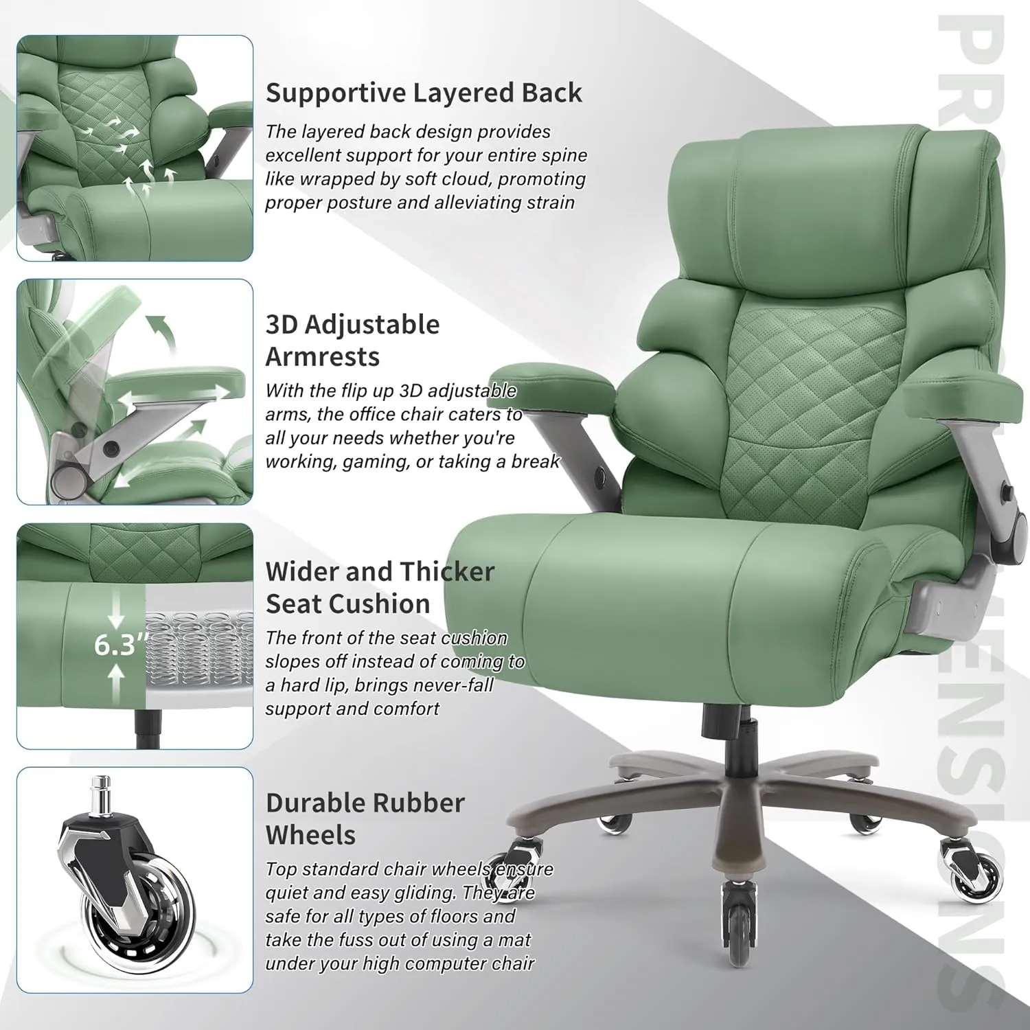 700lbs Big and Tall Office Chair-Large Computer Chair with Adjustable Lumbar Support 3D Flip Arms Plus Size Wheels, High Back Executive Desk Chair, Heavy Duty Metal Base, Thick Padded Wide Seat