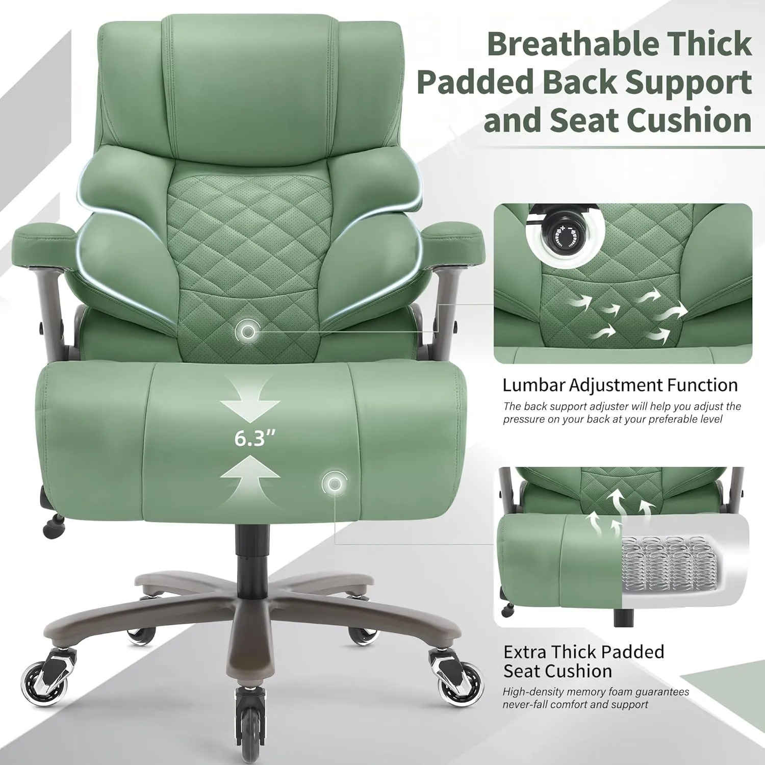 700lbs Big and Tall Office Chair-Large Computer Chair with Adjustable Lumbar Support 3D Flip Arms Plus Size Wheels, High Back Executive Desk Chair, Heavy Duty Metal Base, Thick Padded Wide Seat