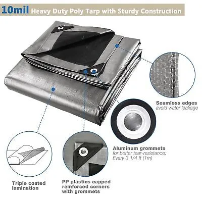 8x10 Ft 2 Pack Waterproof Poly Tarp Heavy Duty Protective Cover 10-mil Tarpaulin