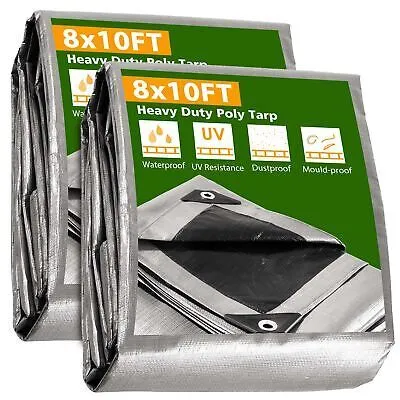 8x10 Ft 2 Pack Waterproof Poly Tarp Heavy Duty Protective Cover 10-mil Tarpaulin