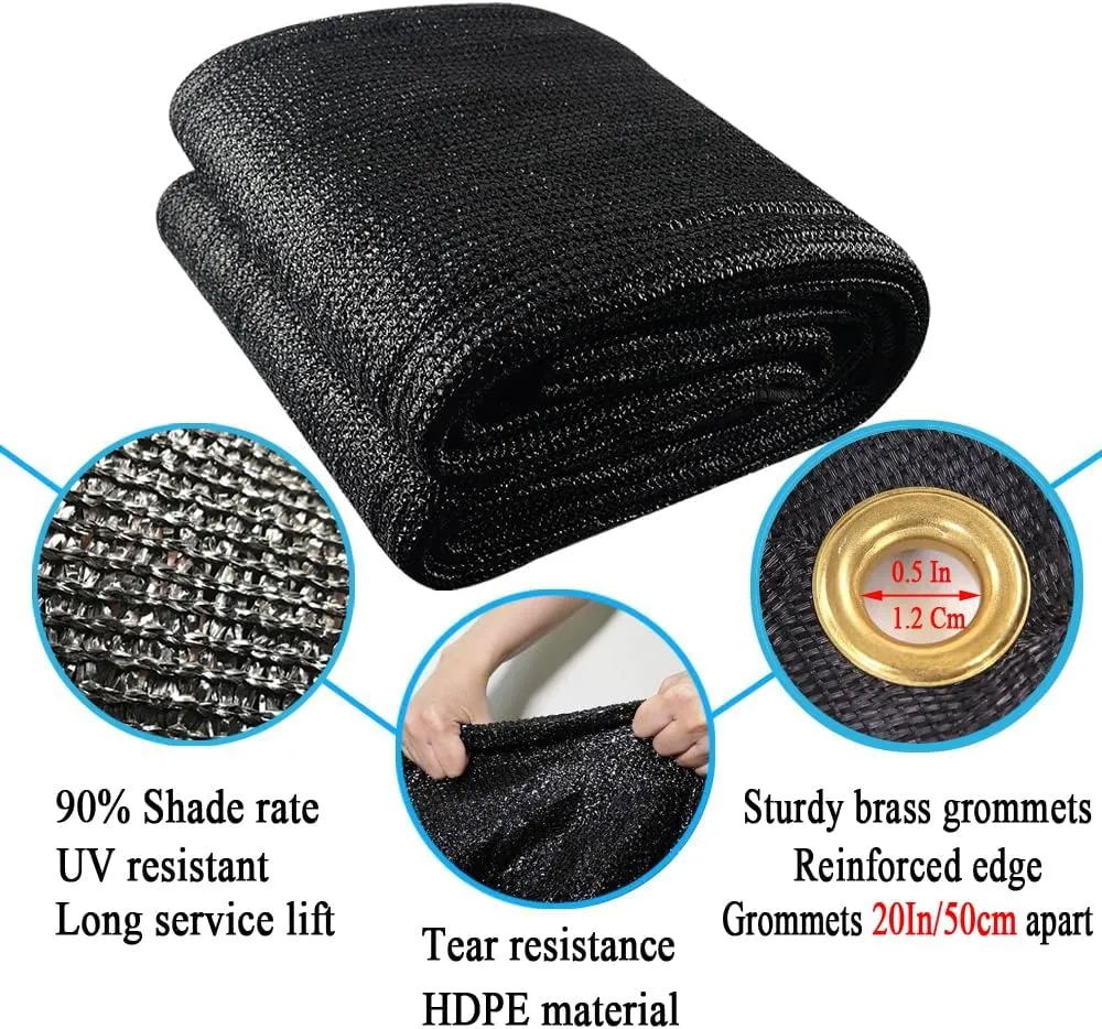90% Black Shade Cloth, 10X30Ft Garden Sun Shade for Plant Cover, Outdoor Shade Netting with Grommets, Sunblock Mesh Tarp for Patio, Greenhouse, Pergola, Potted Plant, Chicken Coop