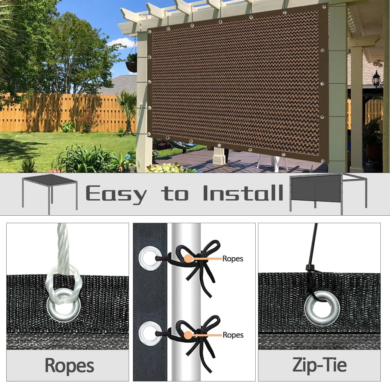 90% Sun Shade Cloth with Grommets, Pergola Shade Cover Canopy, Mesh Tarp Sun Screens for Patio, Outdoor, Garden, Backyard Mocha 8x12ft