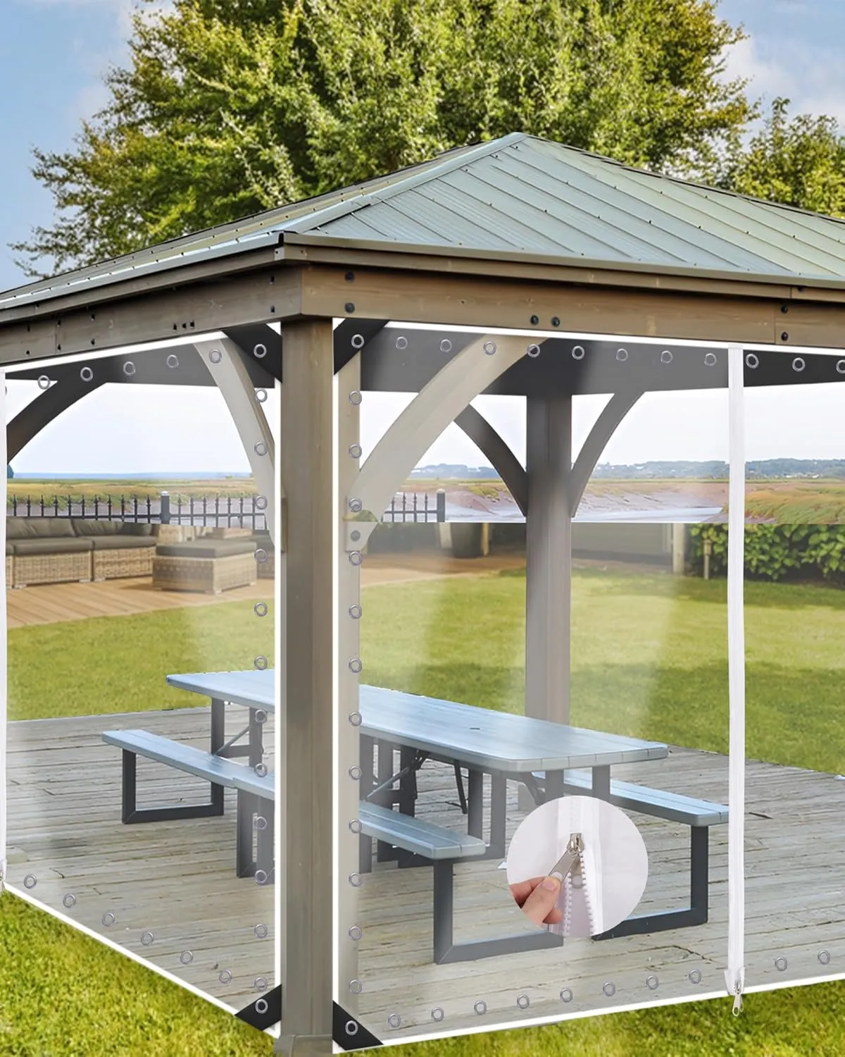 9'H x15'W Outdoor Vinyl Curtain 19oz Clear Tarps with Zipper,Vinyl Patio Enclosure,Outdoor Curtains Heavy Duty Waterproof Transparent Tarp with Grommets for Gazebo Porch Balcony Pergola