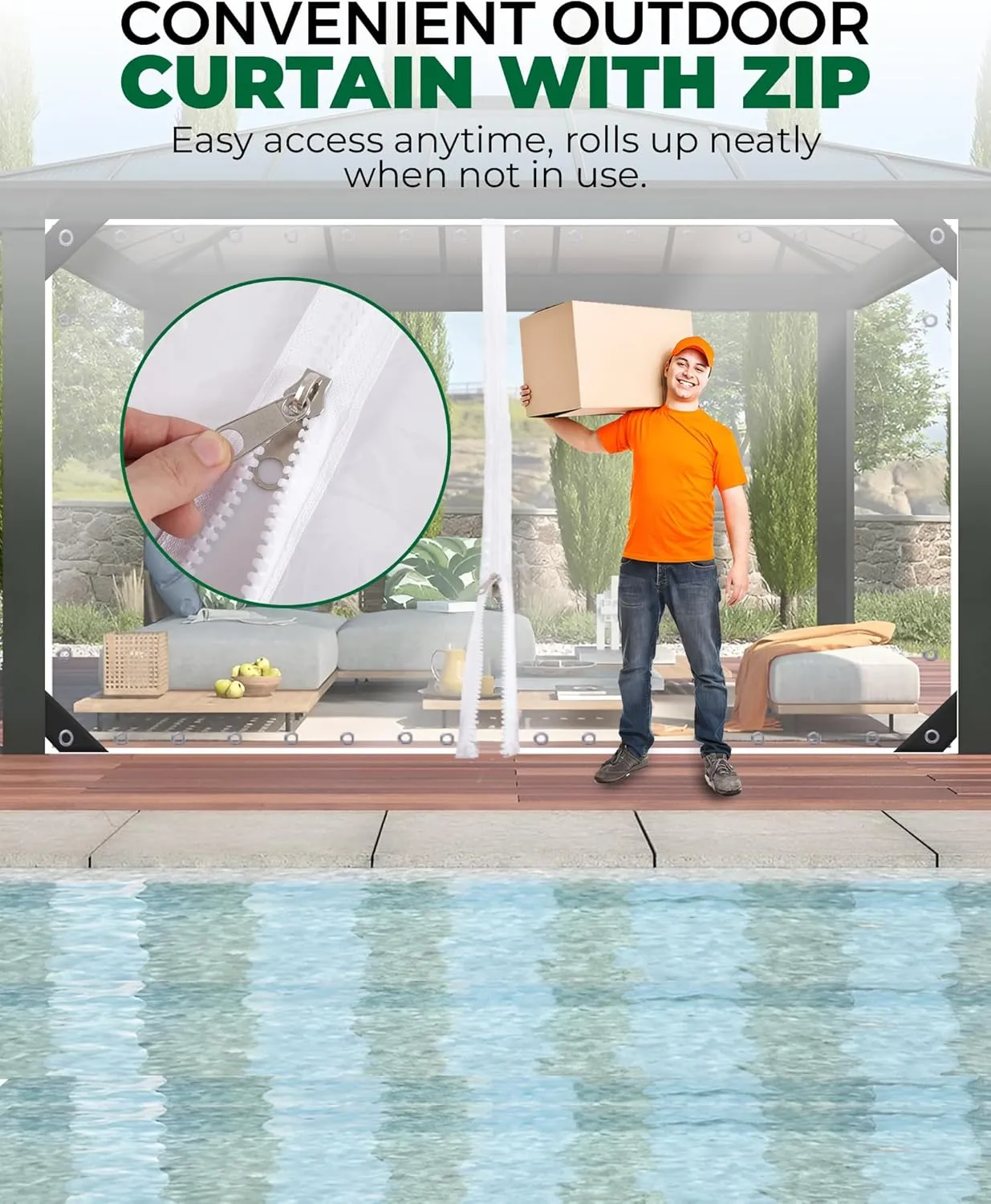 9'H x15'W Outdoor Vinyl Curtain 19oz Clear Tarps with Zipper,Vinyl Patio Enclosure,Outdoor Curtains Heavy Duty Waterproof Transparent Tarp with Grommets for Gazebo Porch Balcony Pergola