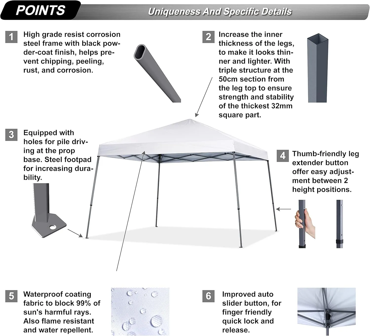 ABCCANOPY Stable Pop up Outdoor Canopy Tent 10 x 10 ft Base / 8 x 8 ft Top, White