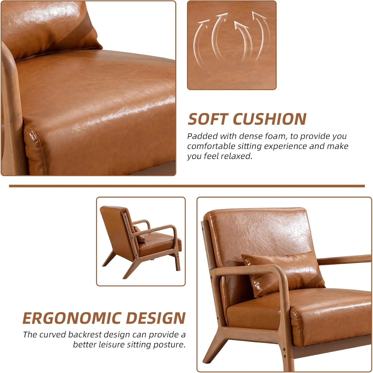 Accent Chair Mid Century Modern Chair PU Leather Living Room Chairs with Solid Wood Frame Comfy Upholstered and Lumbar Pillow Reading Side Chair Easy Assembly for Living Room Set of 2, PU Brown