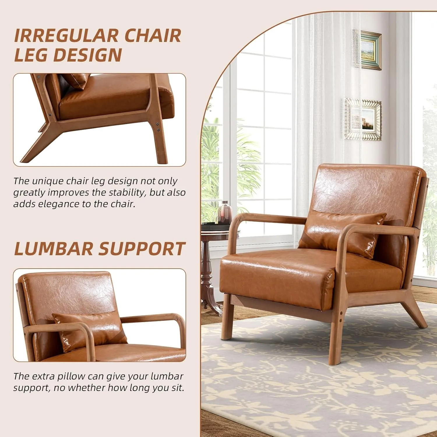 Accent Chair Mid Century Modern Chair PU Leather Living Room Chairs with Solid Wood Frame Comfy Upholstered and Lumbar Pillow Reading Side Chair Easy Assembly for Living Room Set of 2, PU Brown