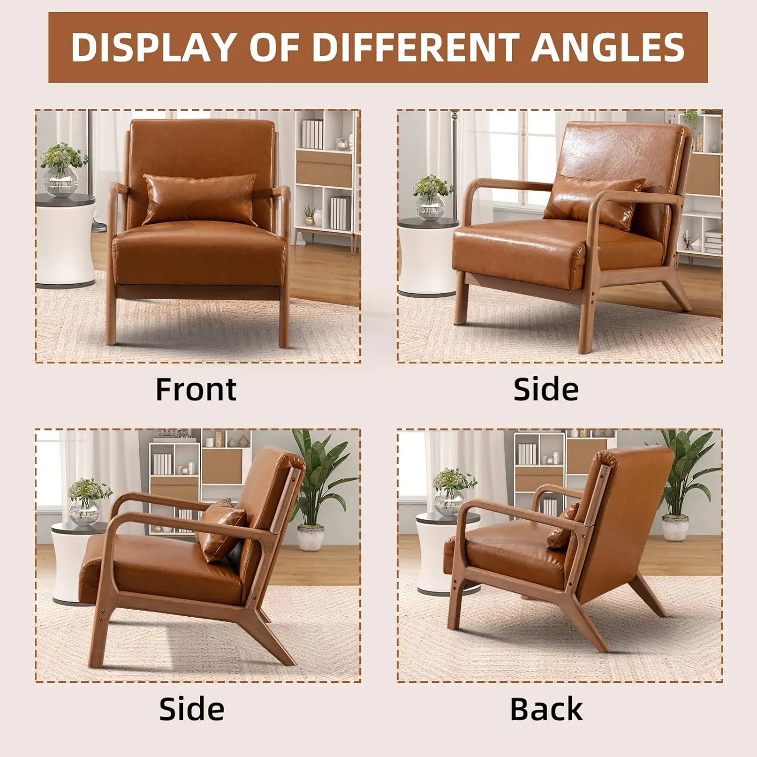 Accent Chair Mid Century Modern Chair PU Leather Living Room Chairs with Solid Wood Frame Comfy Upholstered and Lumbar Pillow Reading Side Chair Easy Assembly for Living Room Set of 2, PU Brown