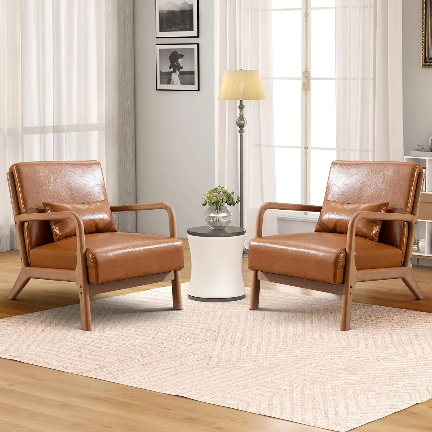 Accent Chair Mid Century Modern Chair PU Leather Living Room Chairs with Solid Wood Frame Comfy Upholstered and Lumbar Pillow Reading Side Chair Easy Assembly for Living Room Set of 2, PU Brown