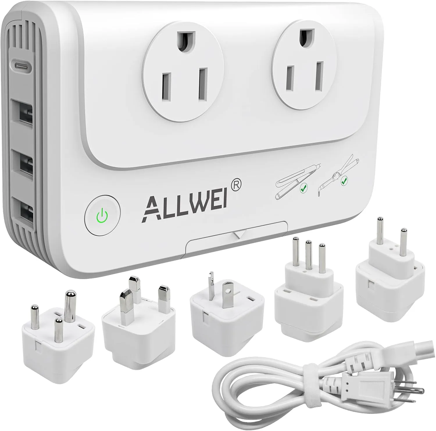 ALLWEI Power Voltage Converter 220V to 110V Step Down Travel Voltage Converter for Hair Straightener/Curling Iron, Universal Power Plug Adapter UK, US, AU, EU, IT, India (White)