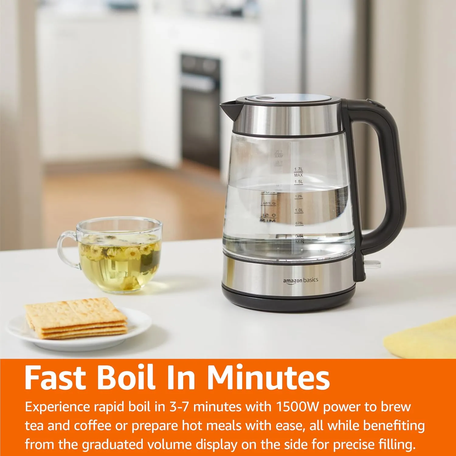 Amazon Basics Electric Kettle with Glass Carafe for Tea and Coffee, BPA-Free, Fast Boiling, Auto Shut-Off, 1.8 Quarts, 1500W, Black and Silver