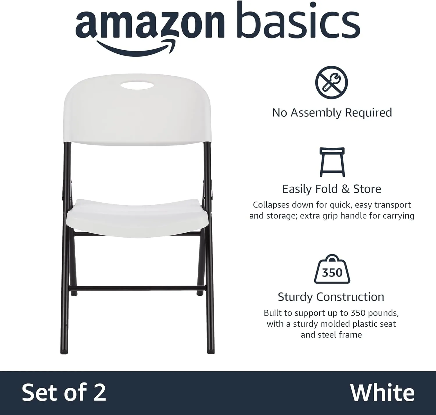 Amazon Basics Foldable Portable Plastic Chair, 350-Pound Capacity, White, 2-Pack
