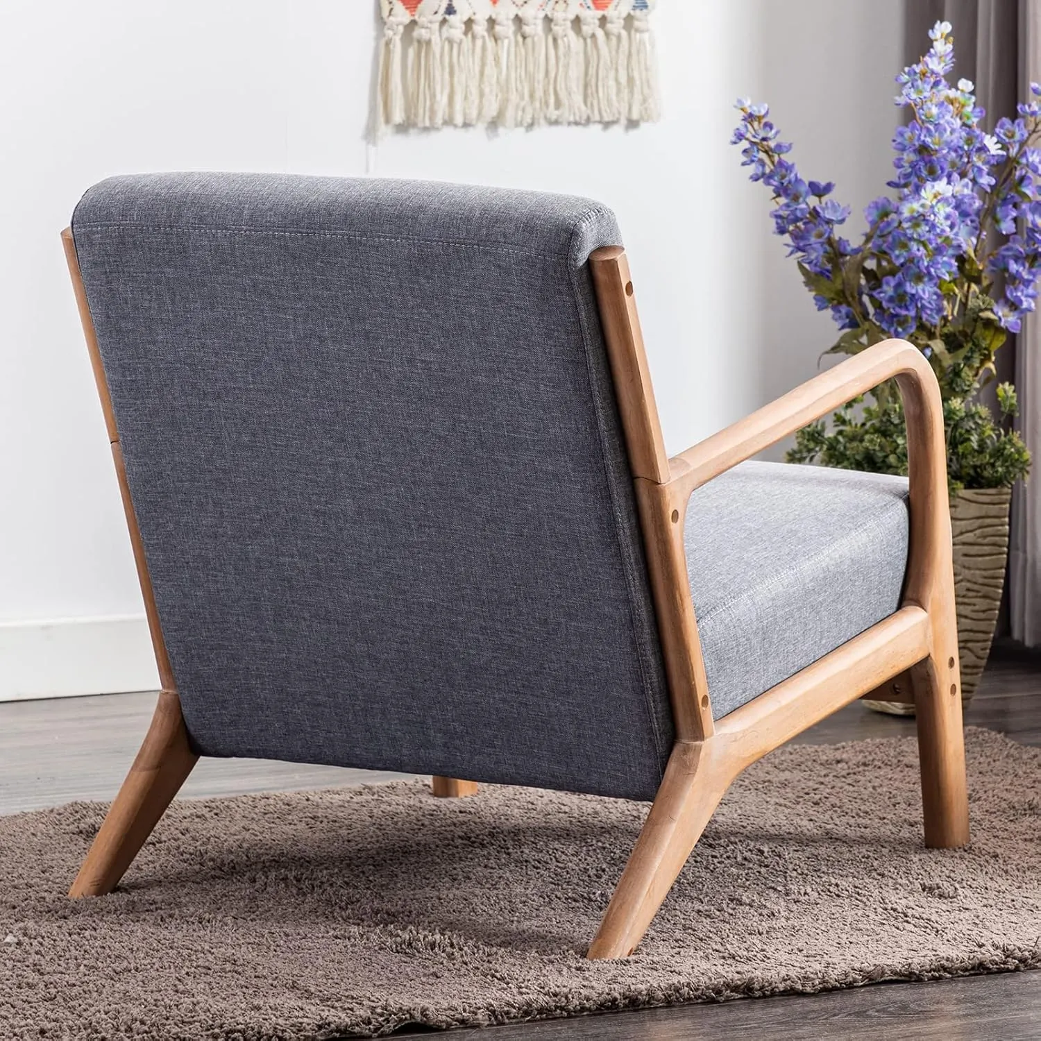 ANJHOME Mid Century Modern Accent Chair, Single Fabric Lounge Reading Armchair with Solid Wood Frame, Easy Assembly Arm Chairs for Living Room, Grey
