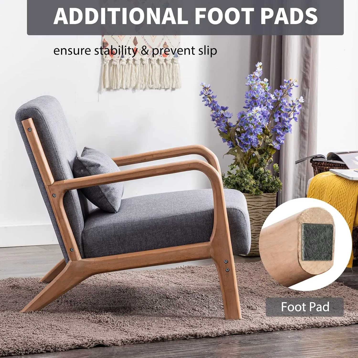 ANJHOME Mid Century Modern Accent Chair, Single Fabric Lounge Reading Armchair with Solid Wood Frame, Easy Assembly Arm Chairs for Living Room, Grey