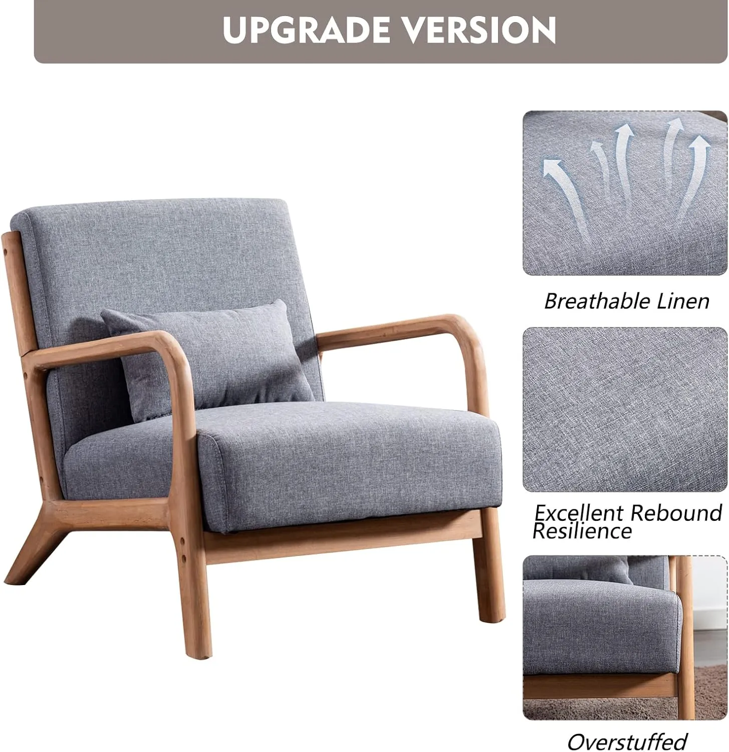 ANJHOME Mid Century Modern Accent Chair, Single Fabric Lounge Reading Armchair with Solid Wood Frame, Easy Assembly Arm Chairs for Living Room, Grey