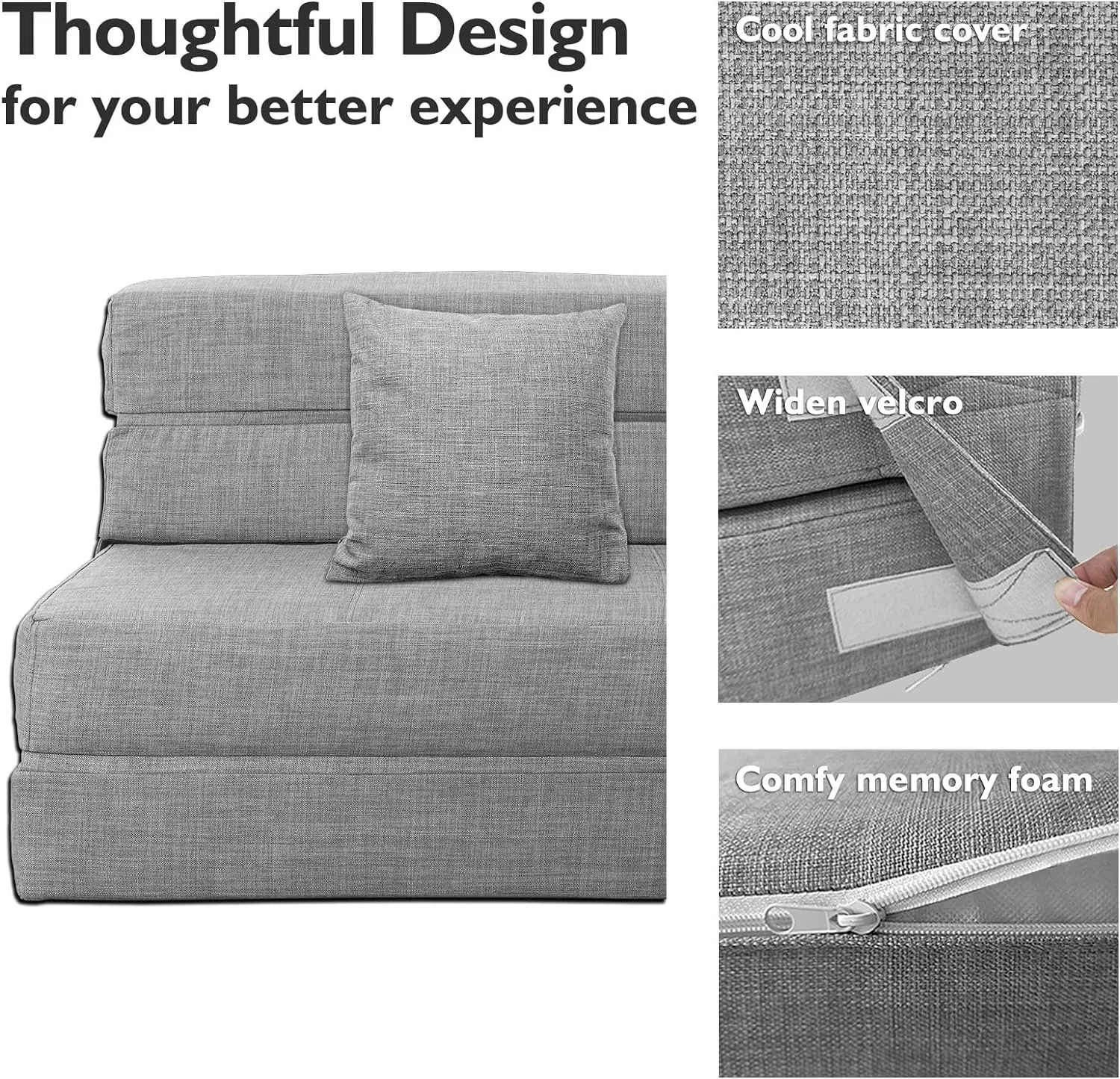 ANONER Folding Sleeper Chair Sofa Bed Lazy Couch with Pillow, Twin Size, Light Gray
