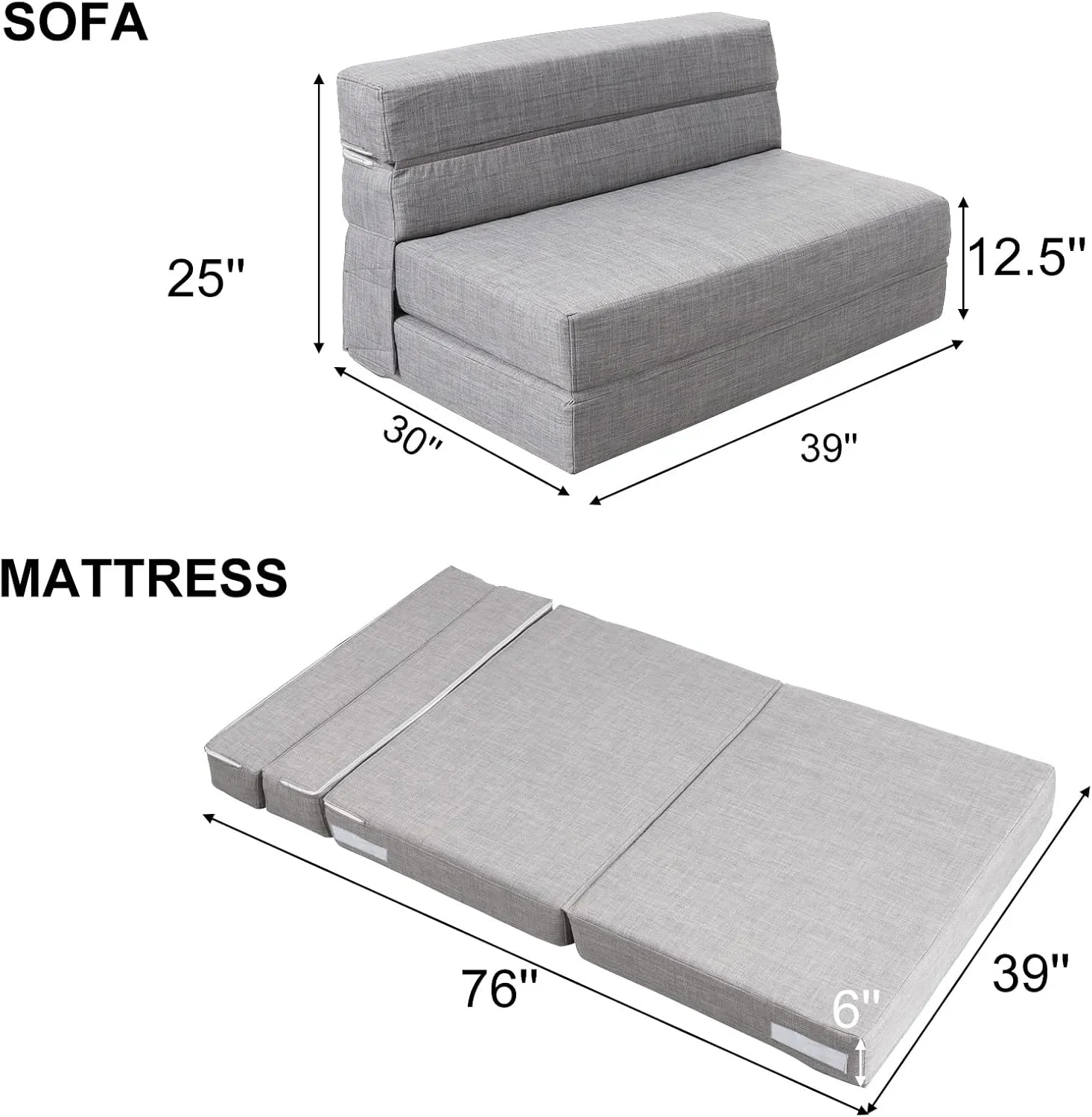 ANONER Folding Sleeper Chair Sofa Bed Lazy Couch with Pillow, Twin Size, Light Gray