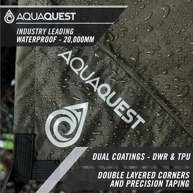 AquaQuest Defender Camping Tarp - Heavy Duty Tent Shelter or Rain Fly - Waterproof Camping Essentials for Hiking, Bushcraft & Hammock, 10 x 10 ft, Olive Drab