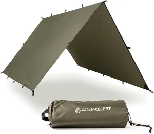 AquaQuest Defender Camping Tarp - Heavy Duty Tent Shelter or Rain Fly - Waterproof Camping Essentials for Hiking, Bushcraft & Hammock, 10 x 10 ft, Olive Drab