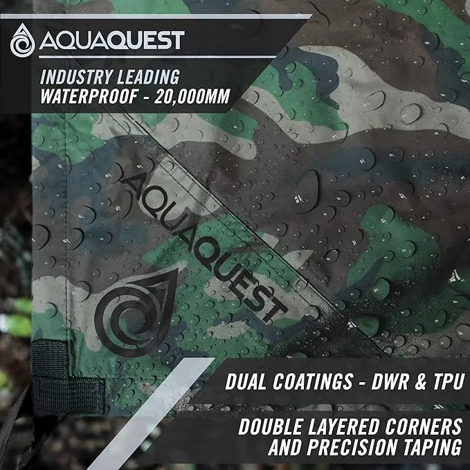 AquaQuest Defender Camping Tarp - Heavy Duty Tent Shelter or Rain Fly - Waterproof Camping Essentials for Hiking, Bushcraft & Hammock, 10 x 10 ft, Woodland Camo