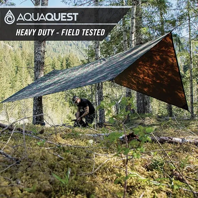 AquaQuest Defender Camping Tarp - Heavy Duty Tent Shelter or Rain Fly - Waterproof Camping Essentials for Hiking, Bushcraft & Hammock, 10 x 10 ft, Woodland Camo