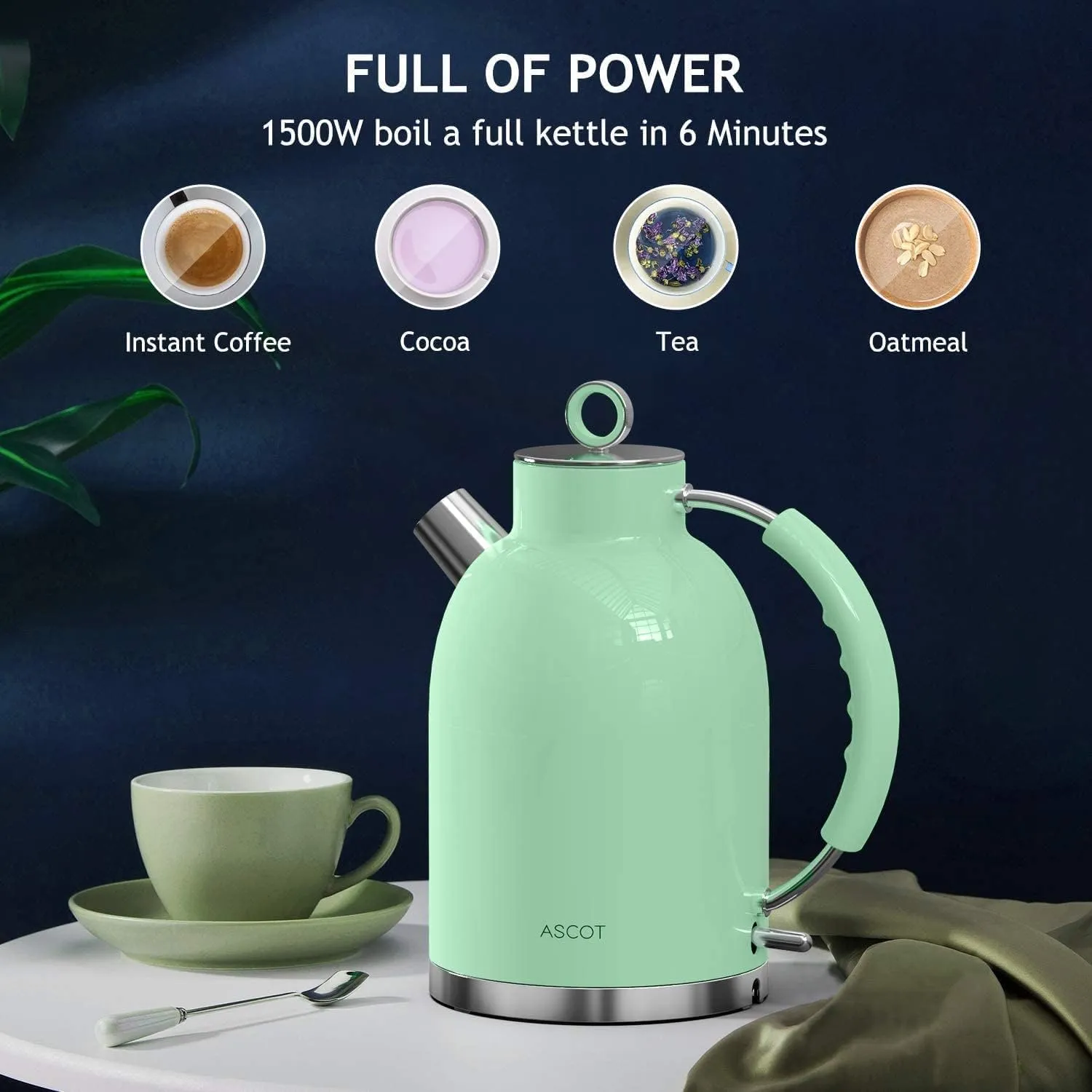 ASCOT Electric Kettle, Stainless Steel Electric Tea Kettle Gifts for Men/Women/Family 1.5L 1500W Retro Tea Heater & Hot Water Boiler, Auto Shut-Off and Boil-Dry Protection (Green)
