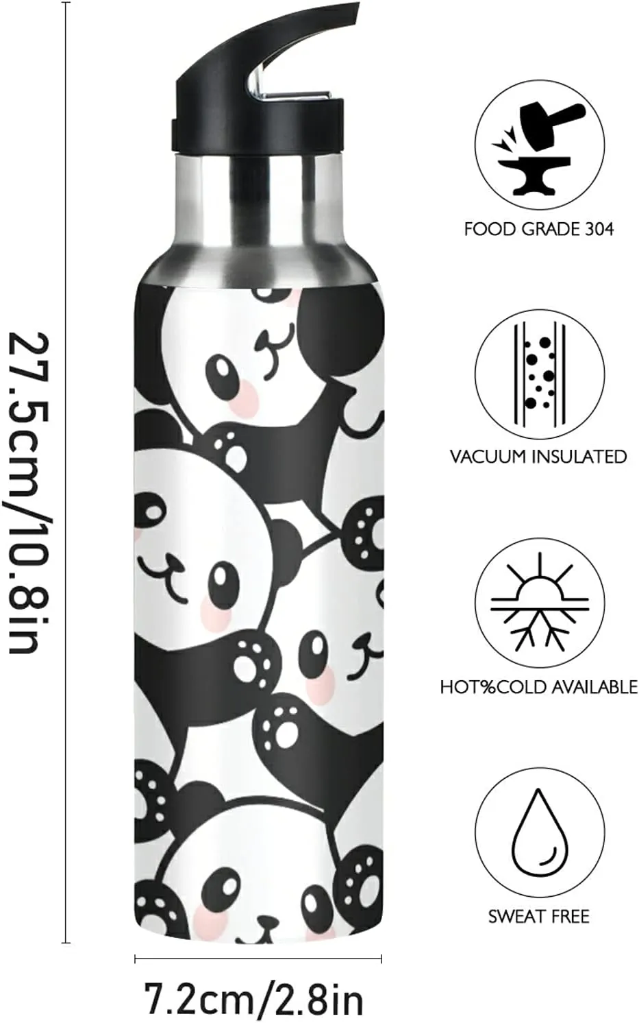 ATTX Cute Cartoon Panda Water Bottle with Straw, 22OZ Sports Water Bottle BPA Free Stainless Steel Water Jugs for Gym,Working, Outdoor