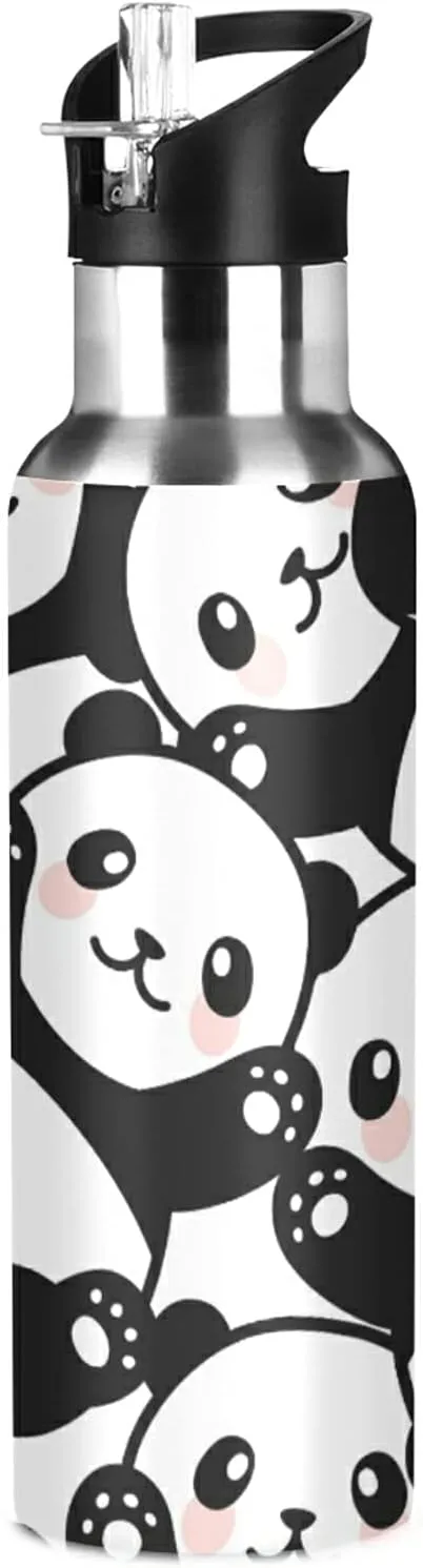 ATTX Cute Cartoon Panda Water Bottle with Straw, 22OZ Sports Water Bottle BPA Free Stainless Steel Water Jugs for Gym,Working, Outdoor