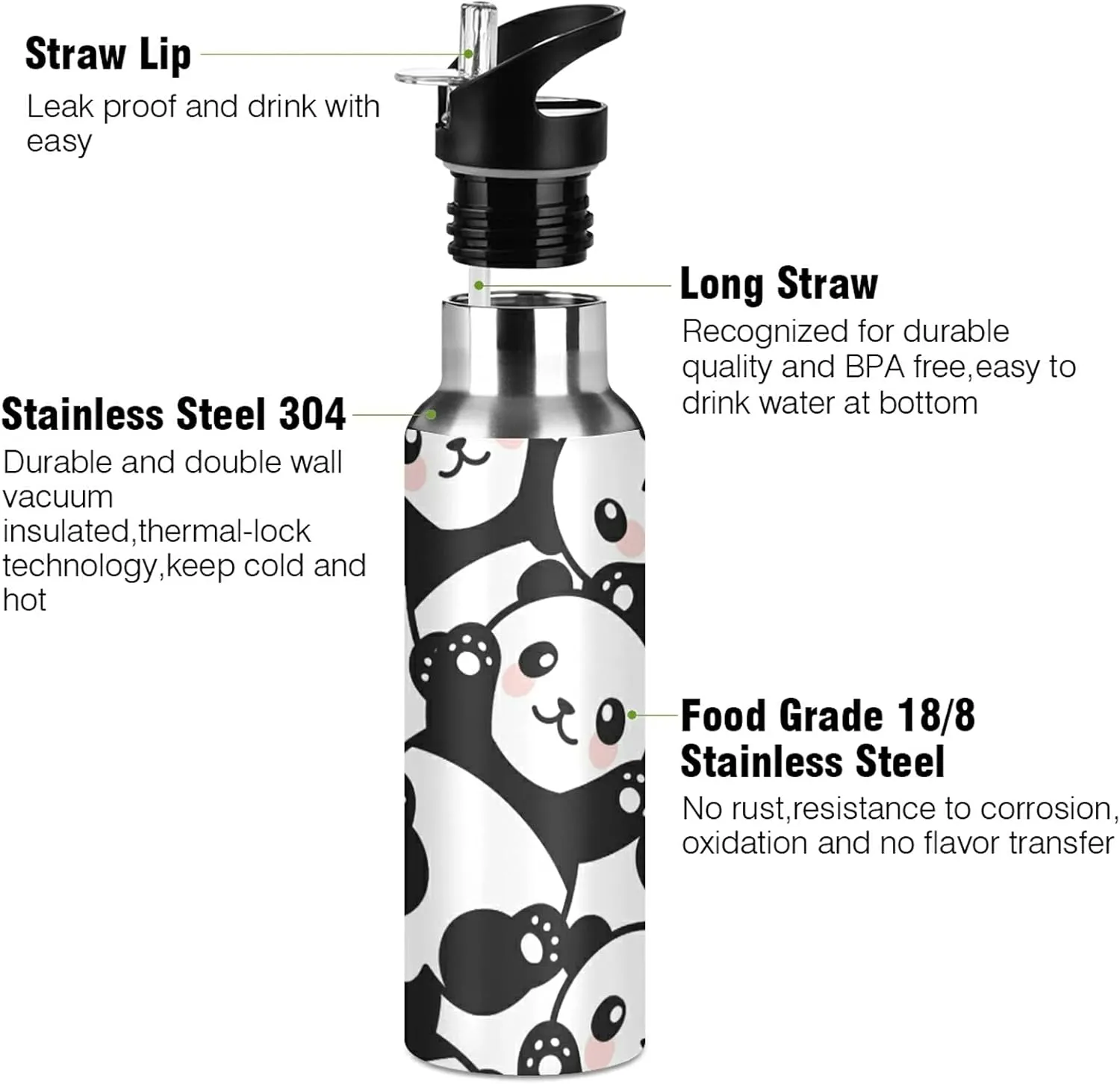 ATTX Cute Cartoon Panda Water Bottle with Straw, 22OZ Sports Water Bottle BPA Free Stainless Steel Water Jugs for Gym,Working, Outdoor