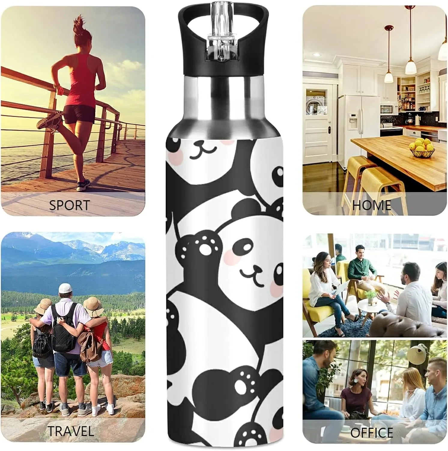 ATTX Cute Cartoon Panda Water Bottle with Straw, 22OZ Sports Water Bottle BPA Free Stainless Steel Water Jugs for Gym,Working, Outdoor