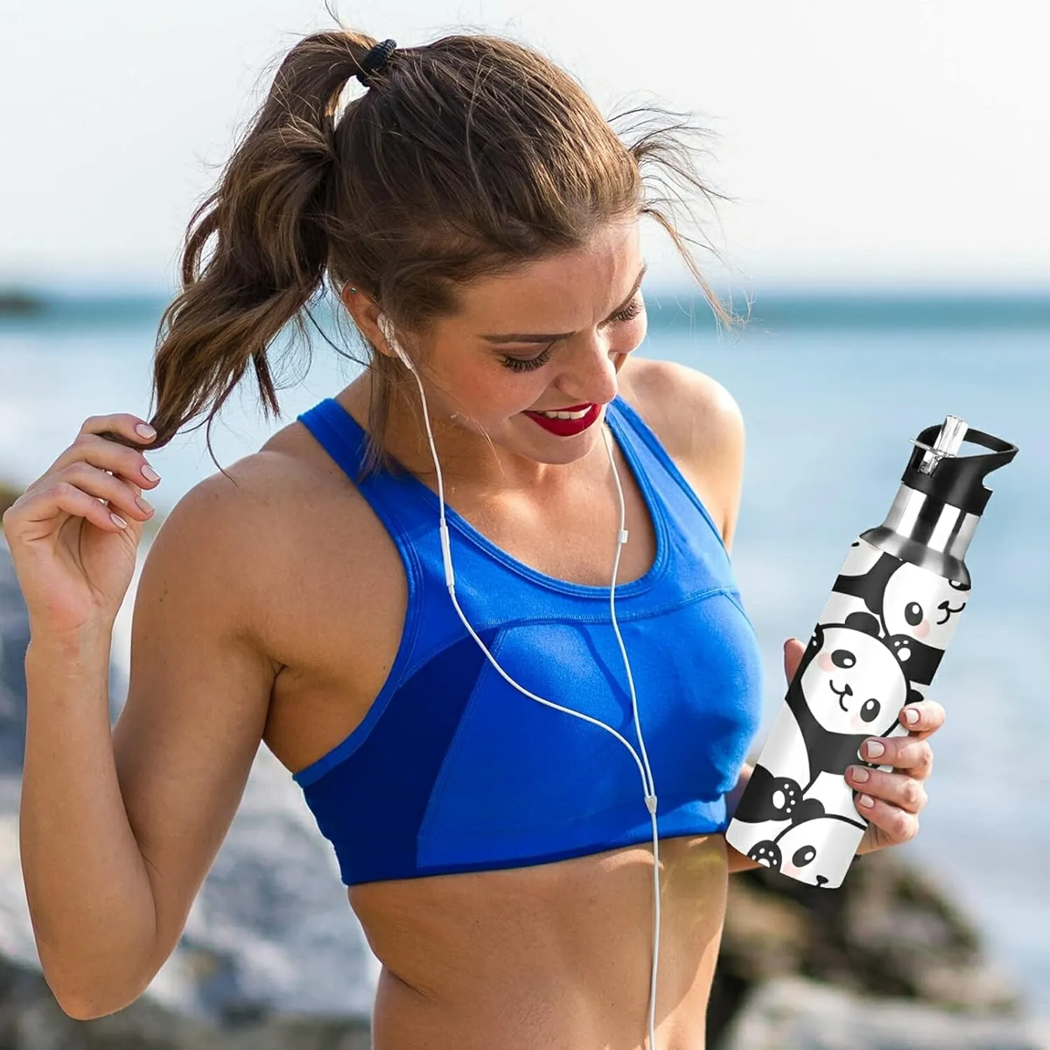 ATTX Cute Cartoon Panda Water Bottle with Straw, 22OZ Sports Water Bottle BPA Free Stainless Steel Water Jugs for Gym,Working, Outdoor