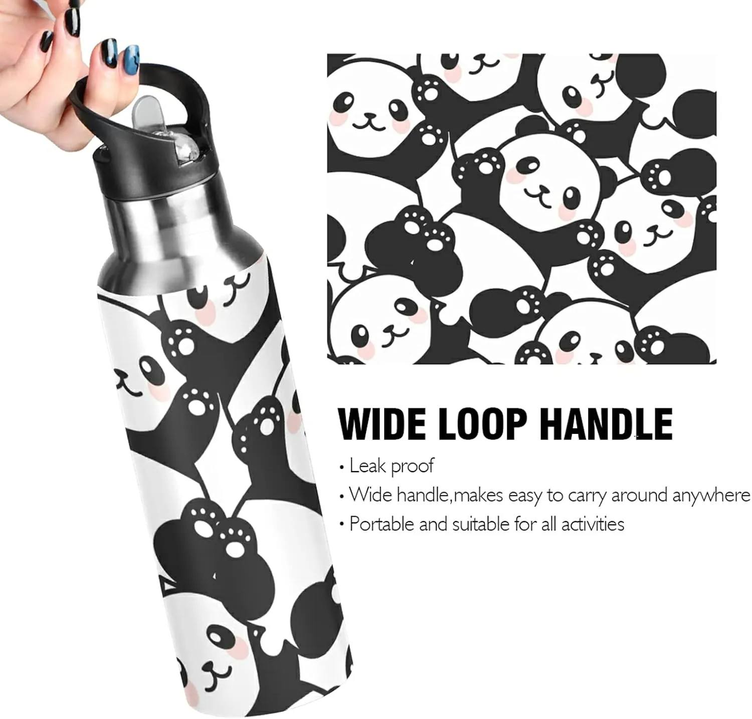 ATTX Cute Cartoon Panda Water Bottle with Straw, 22OZ Sports Water Bottle BPA Free Stainless Steel Water Jugs for Gym,Working, Outdoor