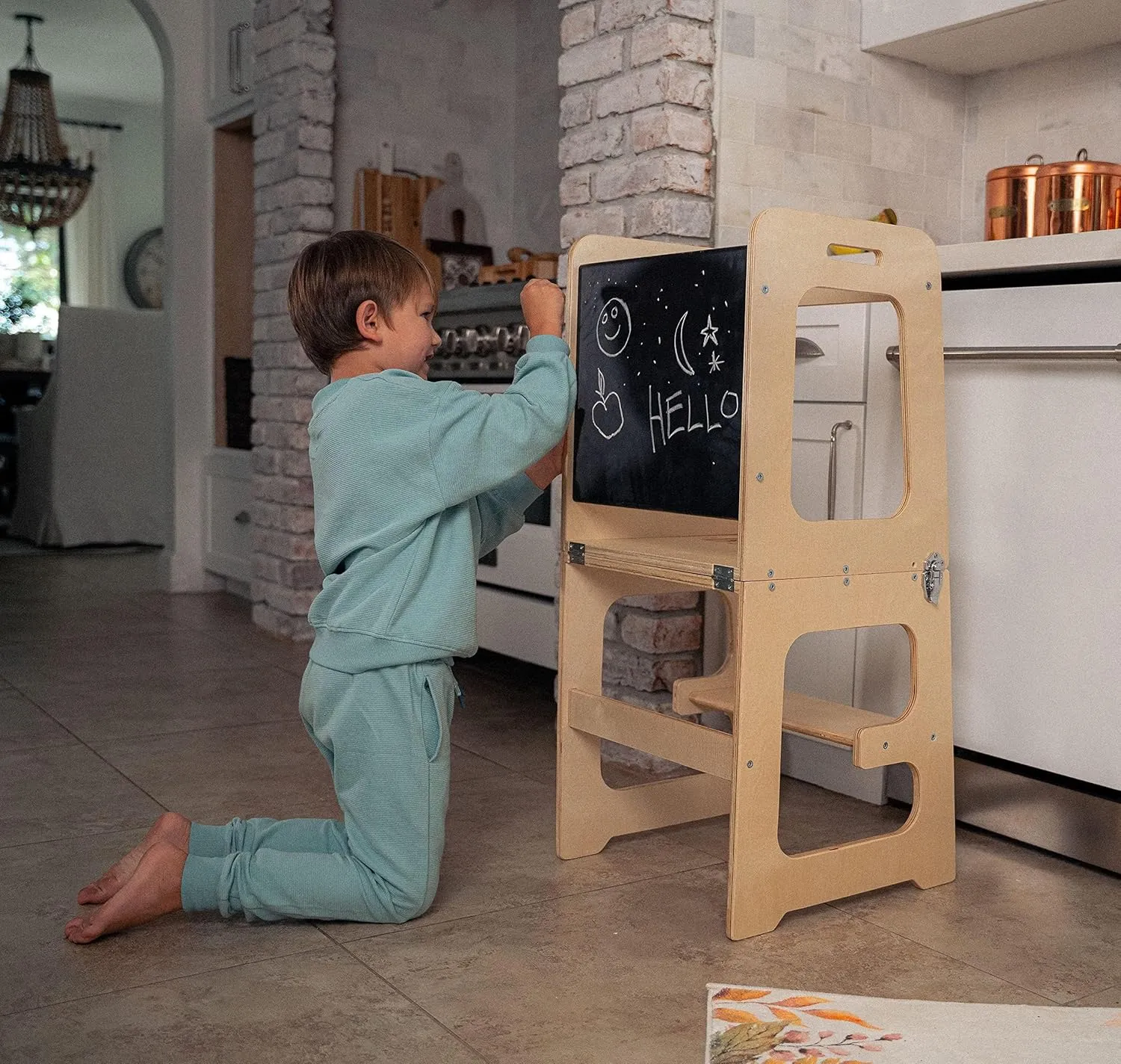 Avenlur Date 4-in-1 Foldable Tower - Toddler Step Stool with Chalkboard, Desk and Chair - Montessori and Waldorf Style Stool for Ages 18 Months to 6 Years