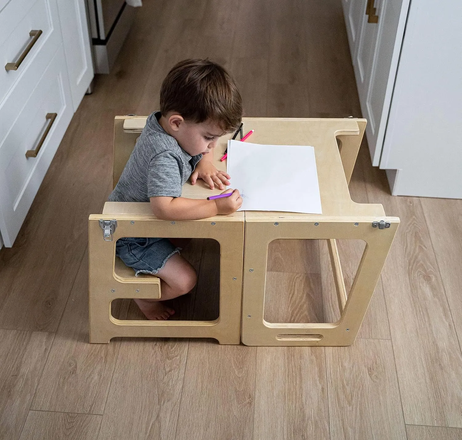 Avenlur Date 4-in-1 Foldable Tower - Toddler Step Stool with Chalkboard, Desk and Chair - Montessori and Waldorf Style Stool for Ages 18 Months to 6 Years