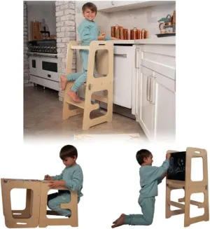 Avenlur Date 4-in-1 Foldable Tower - Toddler Step Stool with Chalkboard, Desk and Chair - Montessori and Waldorf Style Stool for Ages 18 Months to 6 Years
