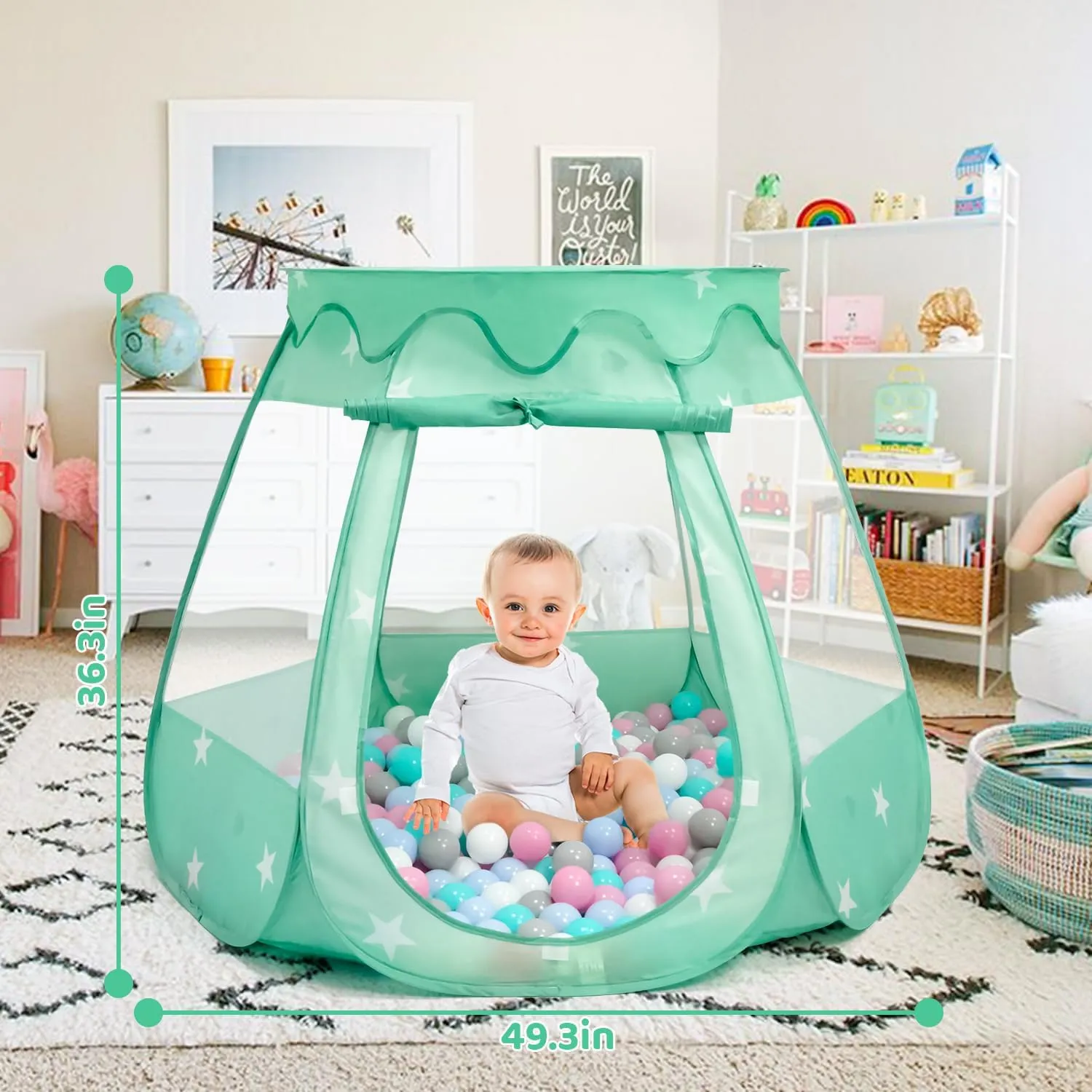 Baby Ball Pit for Toddler with 50 Balls, Pop Up Tent Kids with Star Lights for 1 2 3 Year Old Birthday Gift, 12-18 Months Baby Girl Toys with Carrying Bag, Indoor&Outdoor Play Tent for Kids(Green)