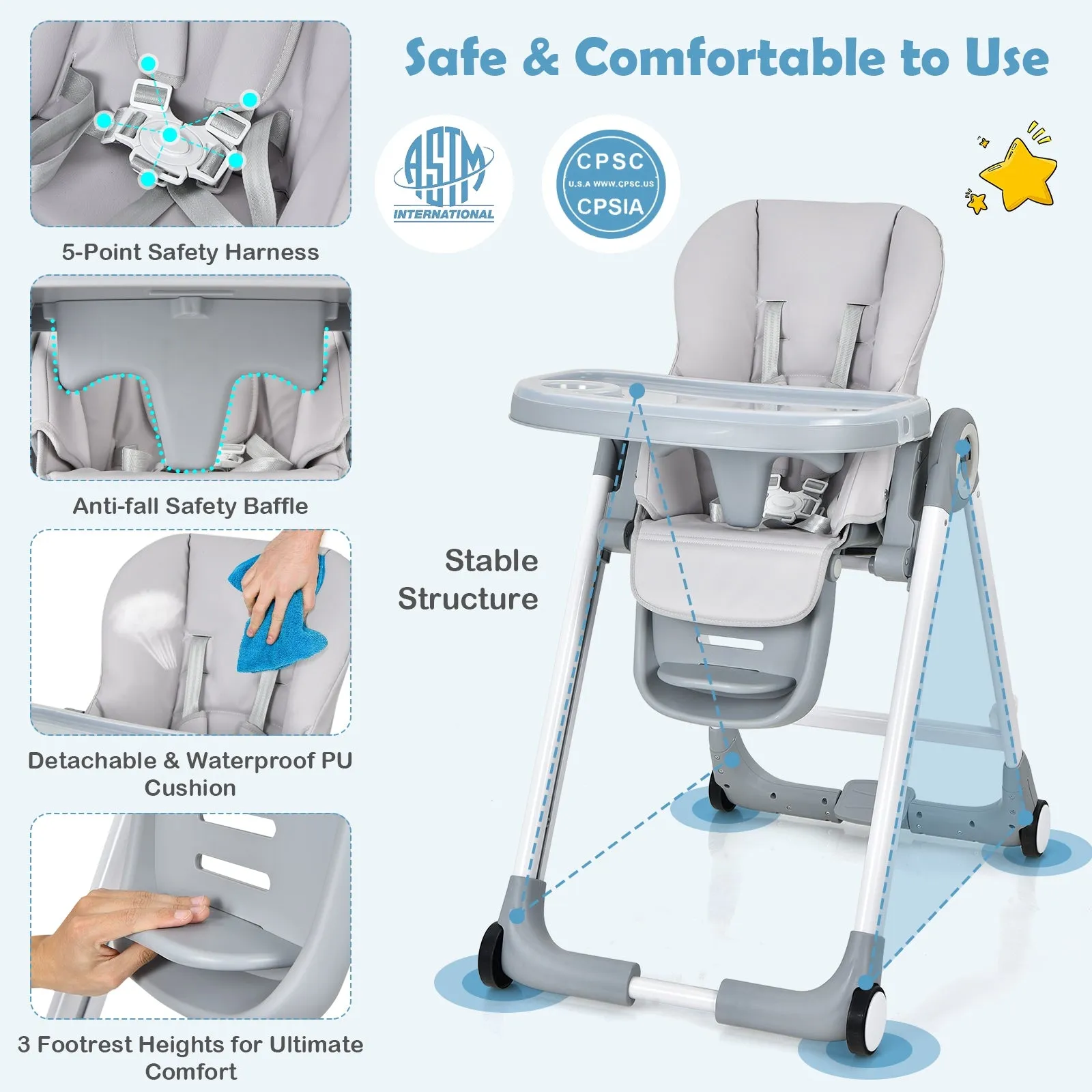 Baby Folding Convertible High Chair with Wheels and Adjustable Height-Gray