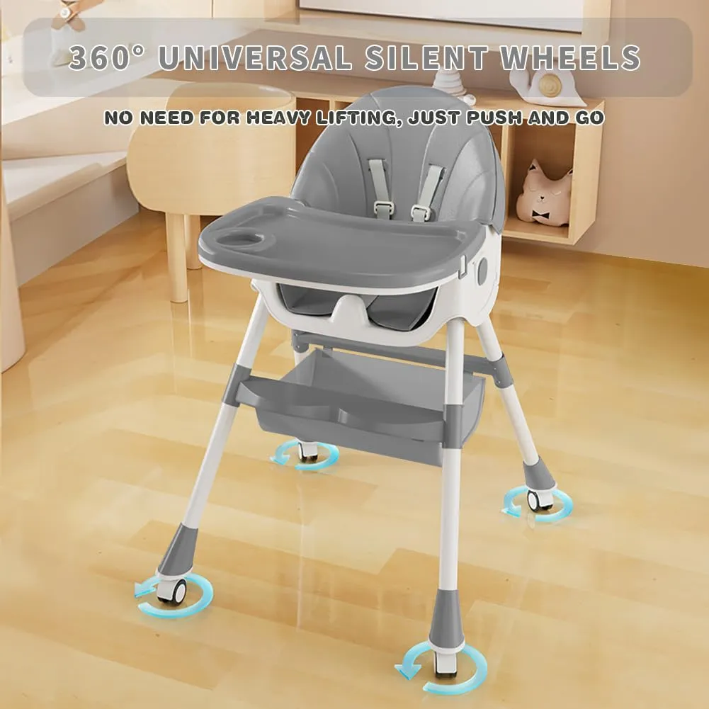 Baby High Chair, 5 in 1 High Chairs for Babies and Toddlers, Travel Foldable High Chair with Foot Rest, Detachable PU Cushion, Double Removable Tray, Adjustable Height & Recline, Locking Wheels