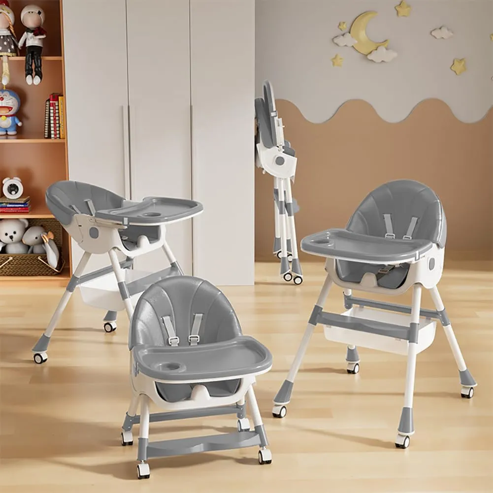 Baby High Chair, 5 in 1 High Chairs for Babies and Toddlers, Travel Foldable High Chair with Foot Rest, Detachable PU Cushion, Double Removable Tray, Adjustable Height & Recline, Locking Wheels