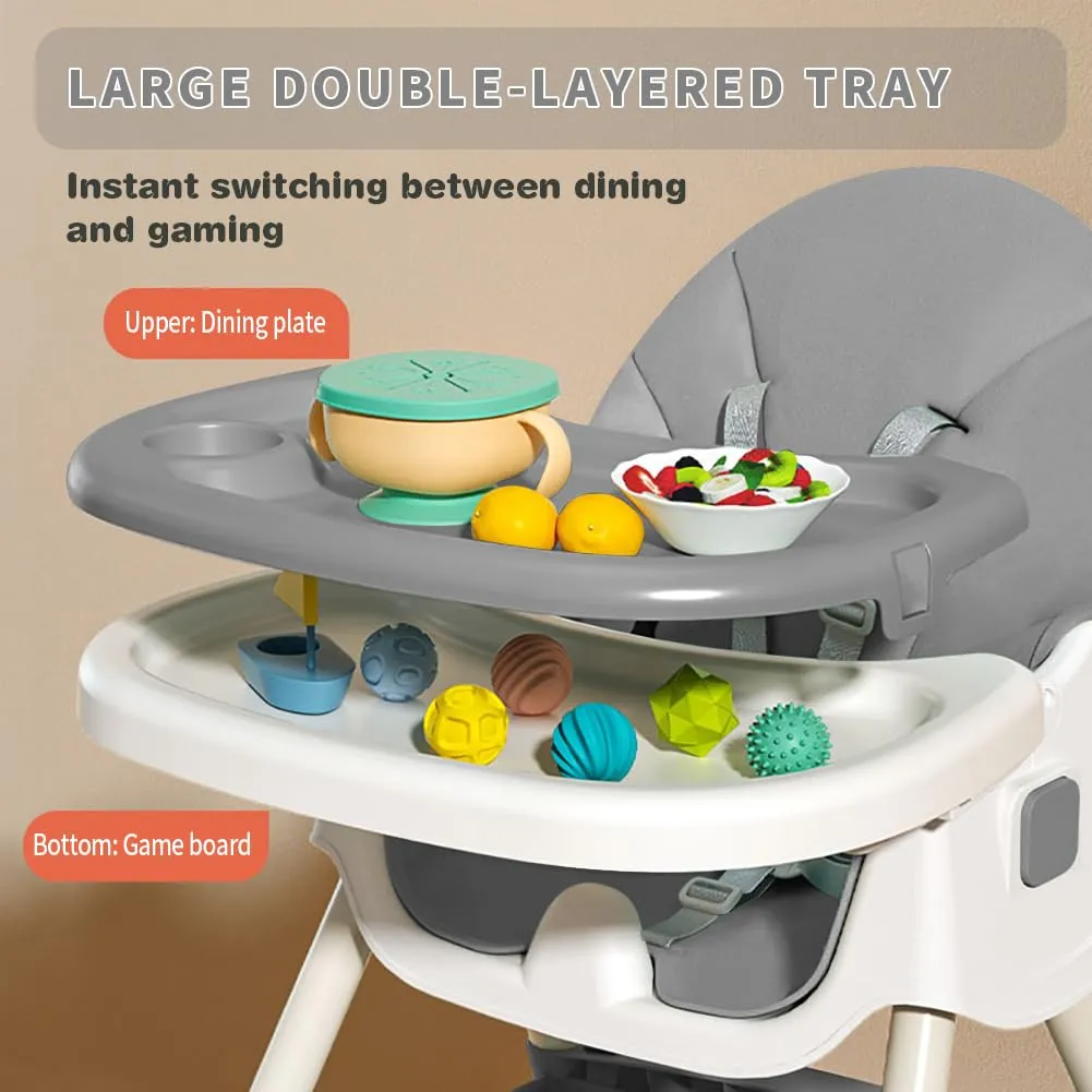 Baby High Chair, 5 in 1 High Chairs for Babies and Toddlers, Travel Foldable High Chair with Foot Rest, Detachable PU Cushion, Double Removable Tray, Adjustable Height & Recline, Locking Wheels