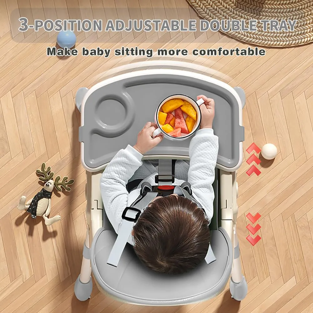 Baby High Chair, 5 in 1 High Chairs for Babies and Toddlers, Travel Foldable High Chair with Foot Rest, Detachable PU Cushion, Double Removable Tray, Adjustable Height & Recline, Locking Wheels