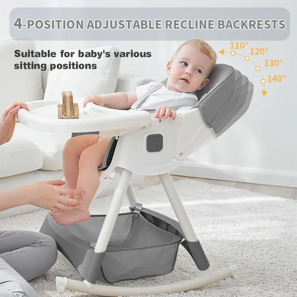 Baby High Chair, 5 in 1 High Chairs for Babies and Toddlers, Travel Foldable High Chair with Foot Rest, Detachable PU Cushion, Double Removable Tray, Adjustable Height & Recline, Locking Wheels