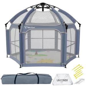 Baby Playpen with Canopy, Portable Indoor & Outdoor for Baby and Toddler, Foldable Pop up Playpen with Mat, Play Yard with Travel Bag, 6 Ground Stakes, 6 Sand Stakes