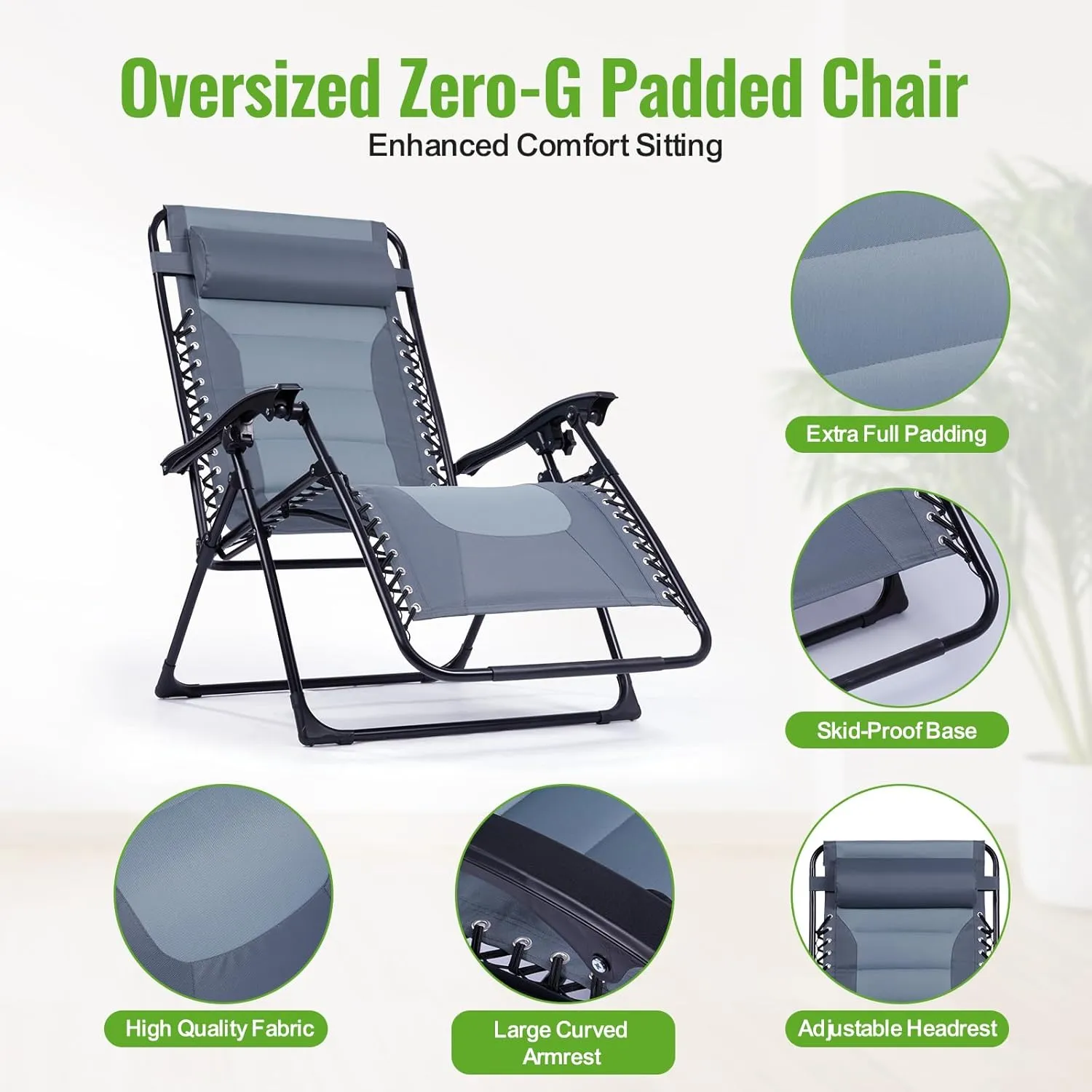 Backyard Expressions Deluxe XL Padded Recliner Chair – Ergonomic Anti-Gravity Lounger with Folding Design, Side Tray, and Adjustable Headrest