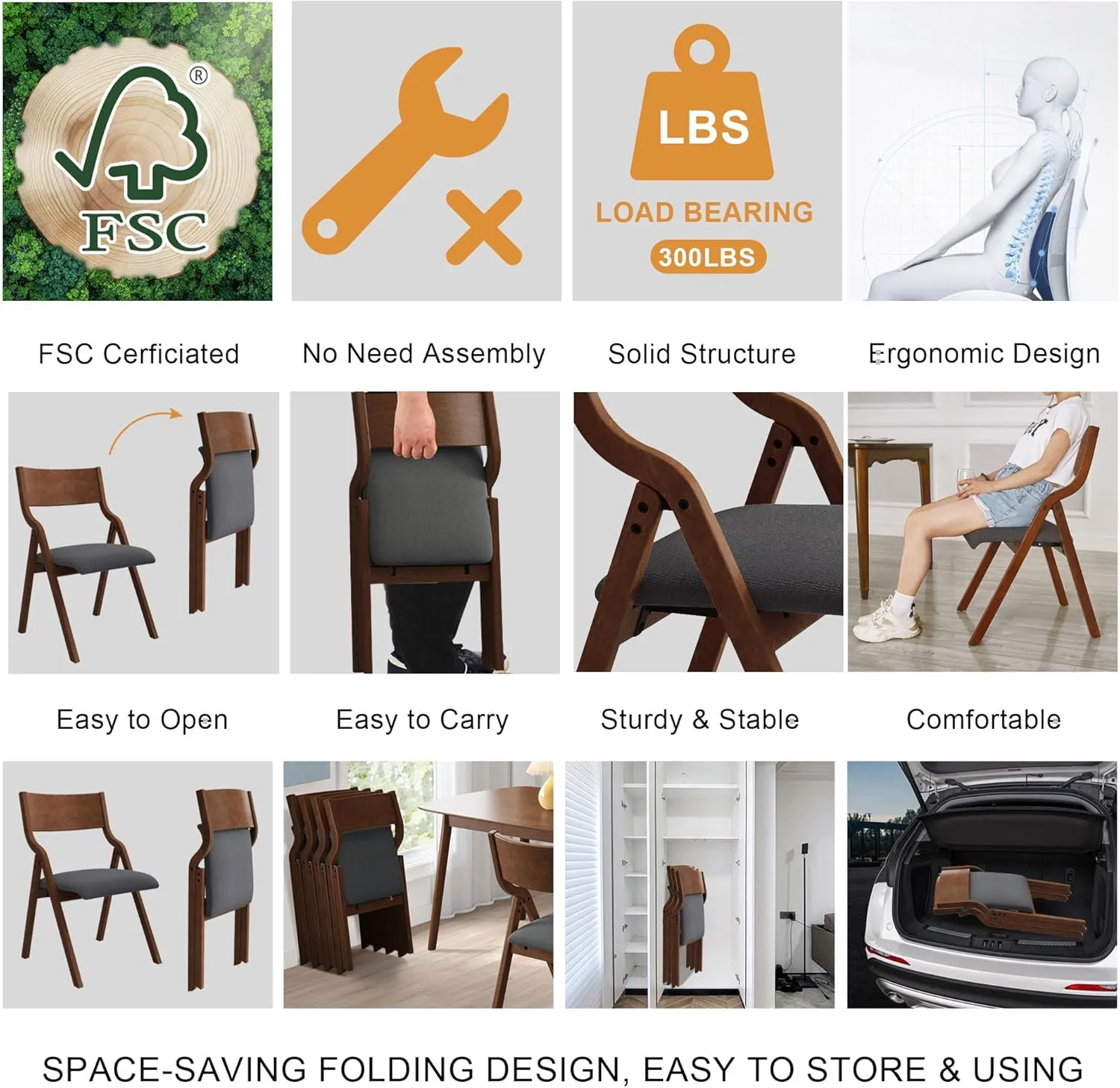 Ball & Cast Upholstered Folding Chairs Set of 2,with Padded Seat,Wooden Portable Dining Chairs W/Ergonomically Designed Back and Cushion,Easy Carry,No Need to Install,for Kitchen,Grey Walnut