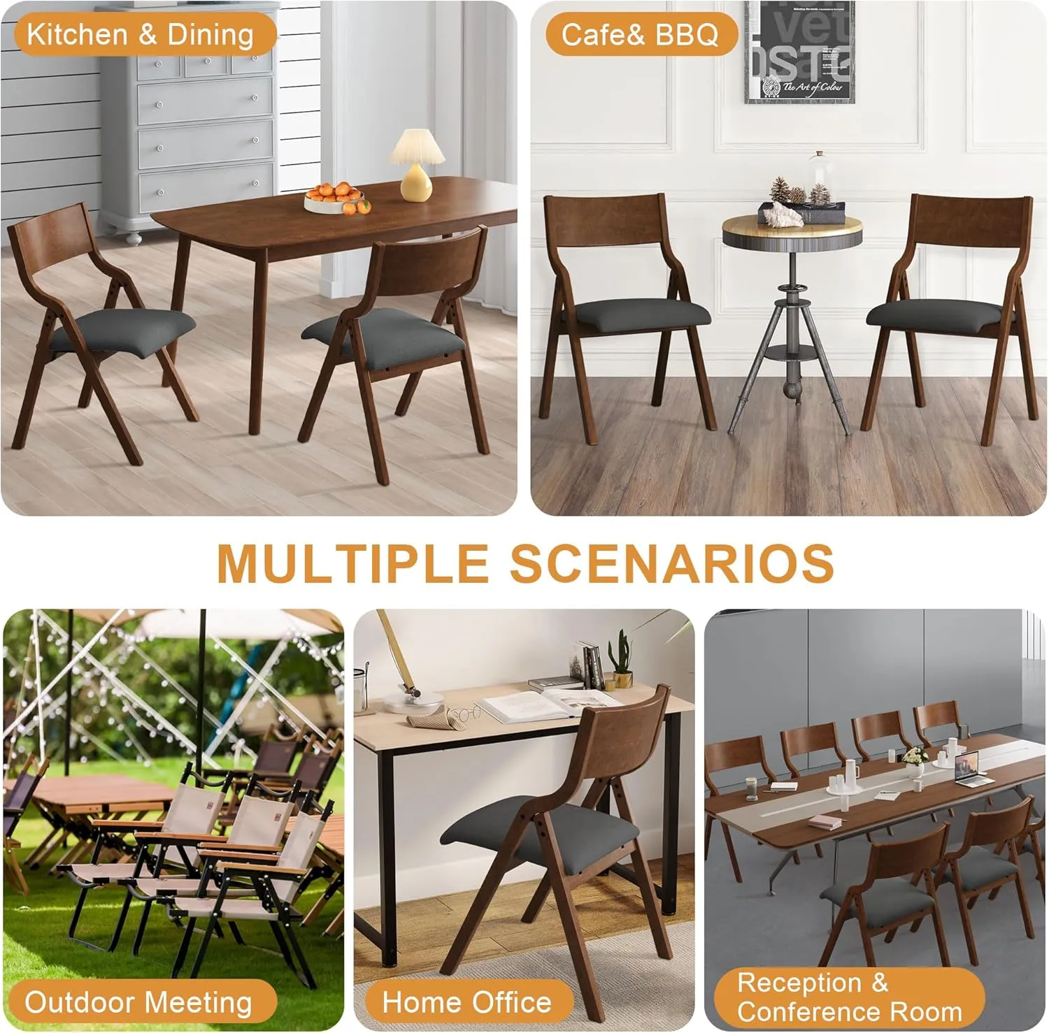 Ball & Cast Upholstered Folding Chairs Set of 2,with Padded Seat,Wooden Portable Dining Chairs W/Ergonomically Designed Back and Cushion,Easy Carry,No Need to Install,for Kitchen,Grey Walnut