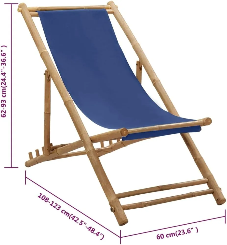 Bamboo Canvas Navy Blue Deck Chair Adjustable 4-Position Foldable Beach Chair for Outdoor, Patio, Camping, Poolside Relaxation