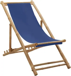 Bamboo Canvas Navy Blue Deck Chair Adjustable 4-Position Foldable Beach Chair for Outdoor, Patio, Camping, Poolside Relaxation